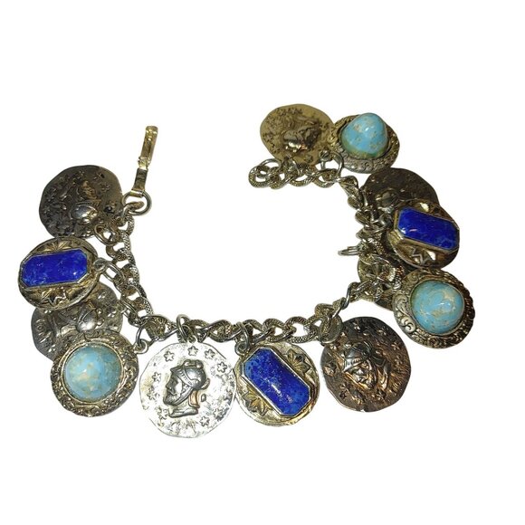 Coin Charm Bracelet Vintage Lapis Lazuli Turquoise Glass Stone Egyptian Etruscan - Picture 3 of 12